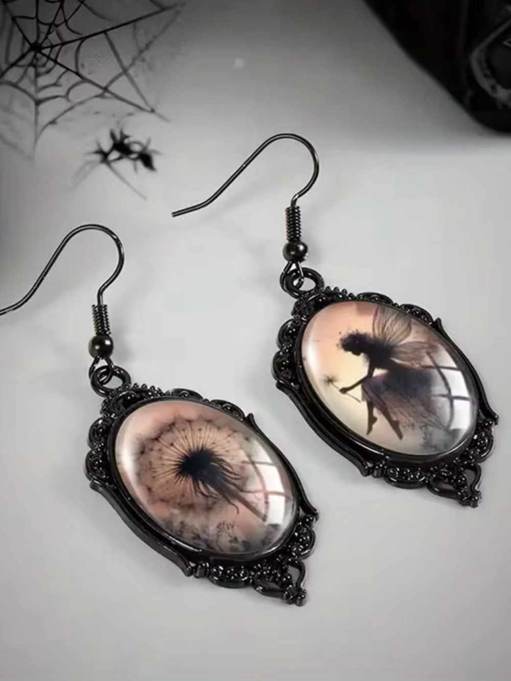 Gothic Fairy Dandelion Asymmetric Oval Glass Dangle Earrings Black Vintage Style